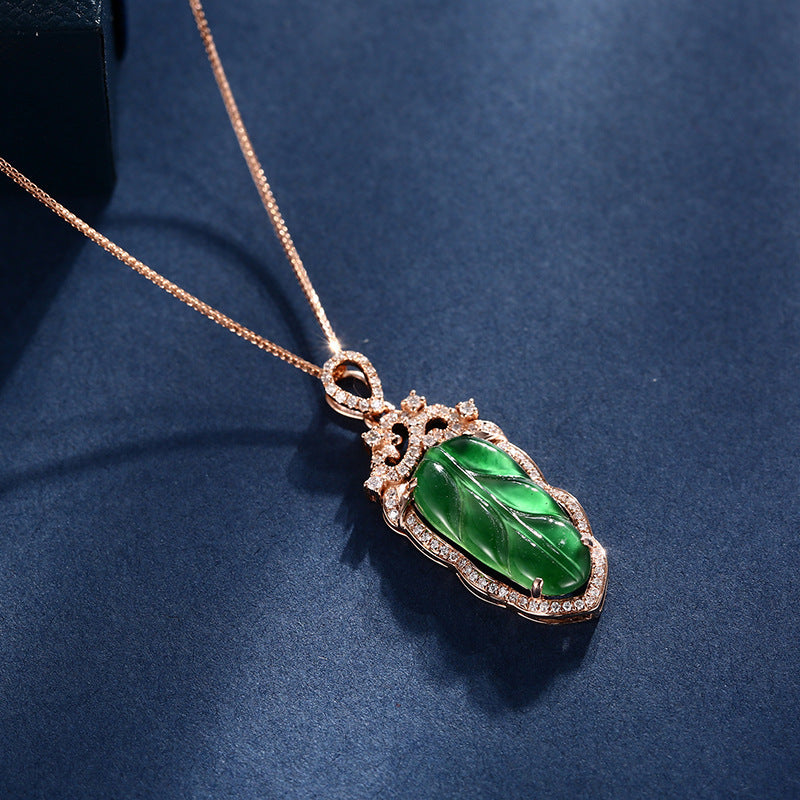 Jadeite Necklace With Gold Inlaid Branches And Jade Leaves