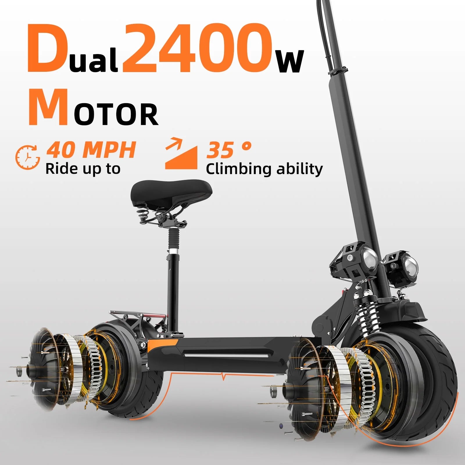 Electric Scooter, 10&quot; Pneumatic Tires, Max 40 Mile Range, 40 MPH＆2400W Dual Motor Max Power, Digital Display and Cruise Control Foldable