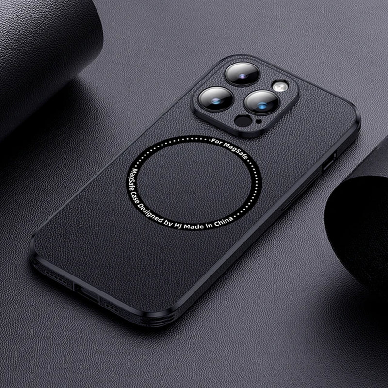 Magnetic Wireless Charging Leather Phone Case for  14 13 12 11 15 Pro Max with Magsafe Lens Protect Cellphone Cover Shell