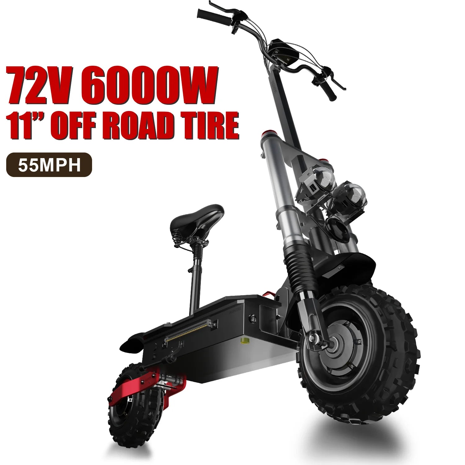 72V 6000W Electric Scooter Adults, up to 55MPH, 11 INCH Wheel Tubeless off Road Tire, Hydraulic Suspension, Foldable Escooter with Seat