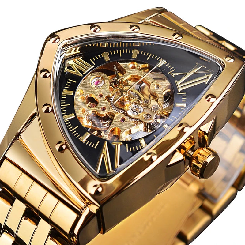 DUNCOUGAR Triangle Skeleton Black Automatic Watch Stainless Steel Men Business Sport Irregular Mechanical Wristwatch