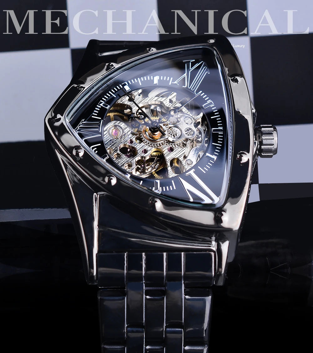 DUNCOUGAR Triangle Skeleton Black Automatic Watch Stainless Steel Men Business Sport Irregular Mechanical Wristwatch