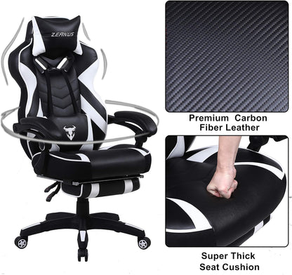 Ergonomic Gaming Chair with Footrest Recliner Computer Chair with Massage High Back Office Gamer Chair Big and Tall Racing Game Chair for Adults Chair for Gaming White/Black