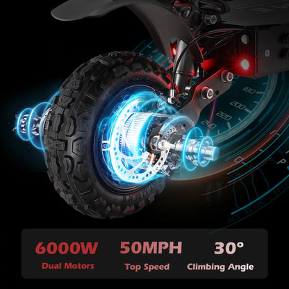 Y11+ Dual Motors 6000W Max Speed 50 Mph, up to 50 Miles Long-Range Battery and Fastest Electric Scooter for Adults