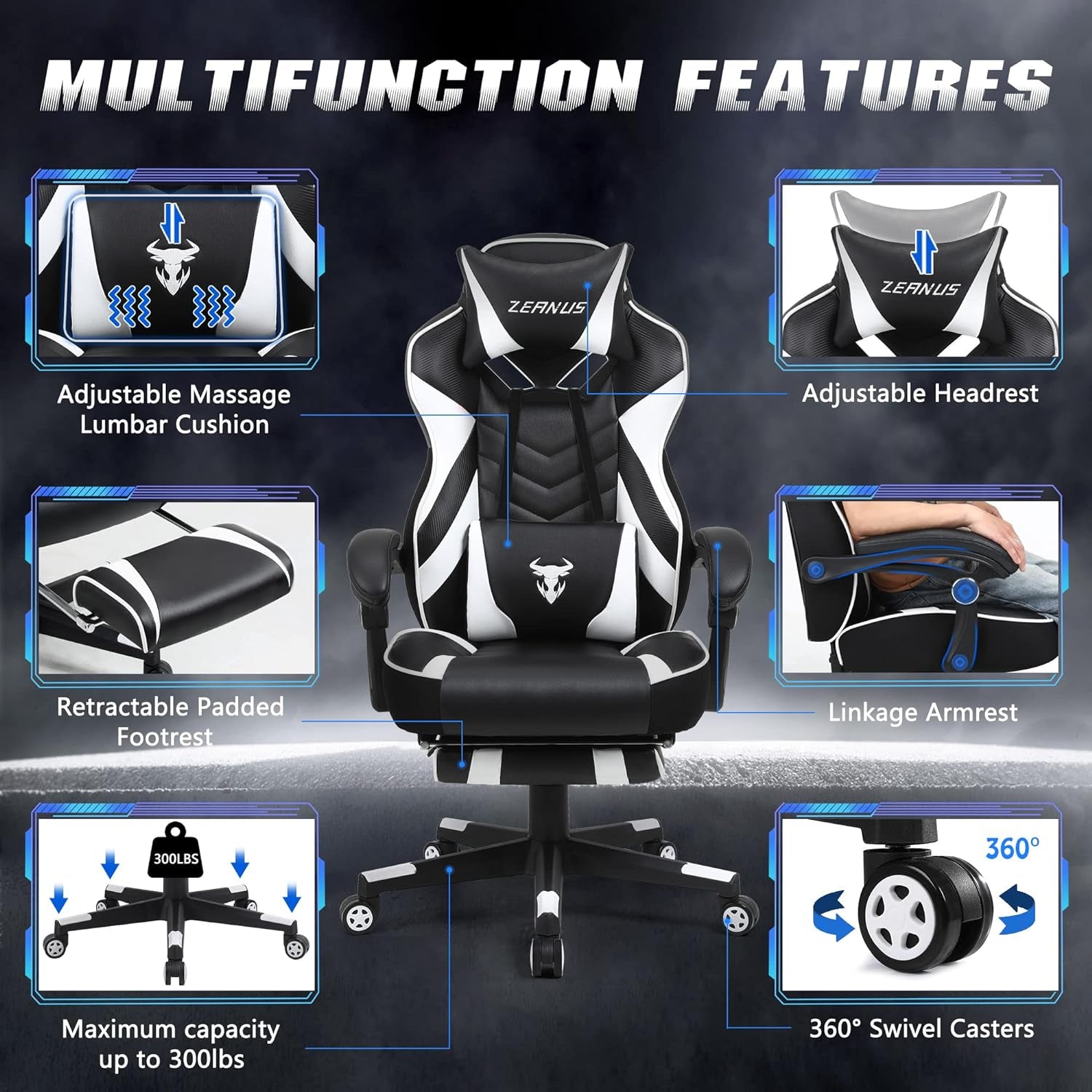 Ergonomic Gaming Chair with Footrest Recliner Computer Chair with Massage High Back Office Gamer Chair Big and Tall Racing Game Chair for Adults Chair for Gaming White/Black