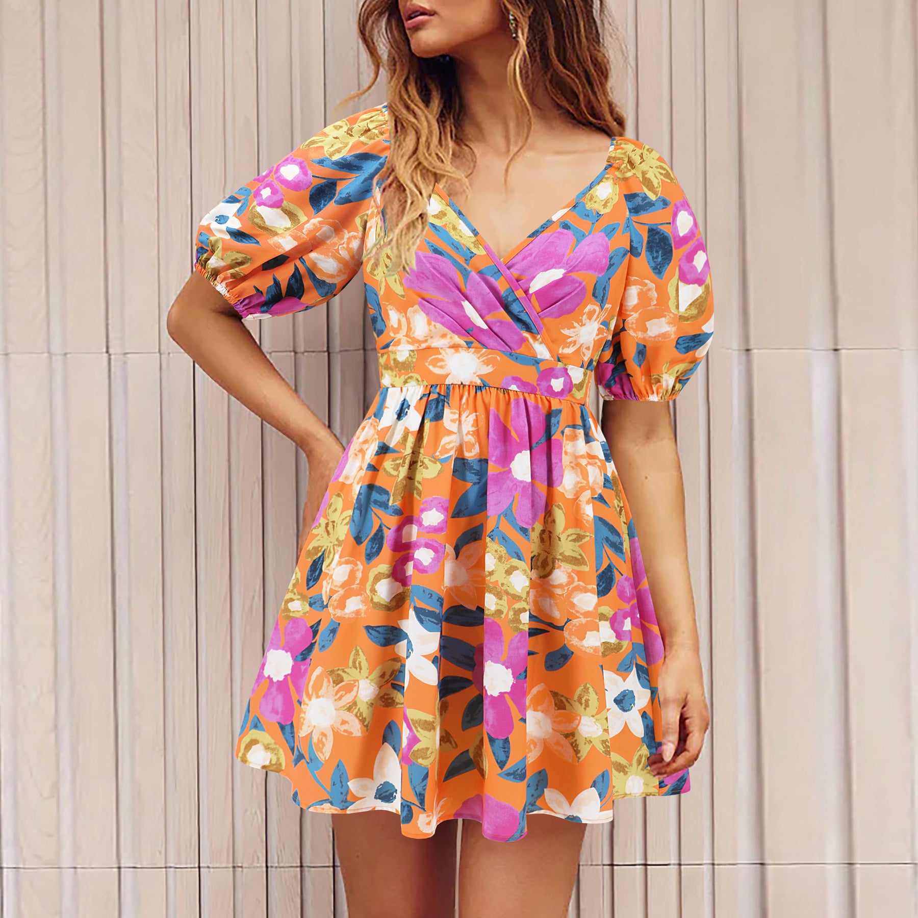 Flowers Print V-Neck Lantern-sleeve Dress Y2K Summer Vacation Beach Short Dresses Fashion Womens Clothing