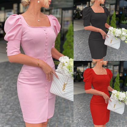 Woman Square-neck Bubble Sleeve Temperament Dress