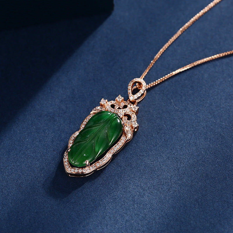 Jadeite Necklace With Gold Inlaid Branches And Jade Leaves