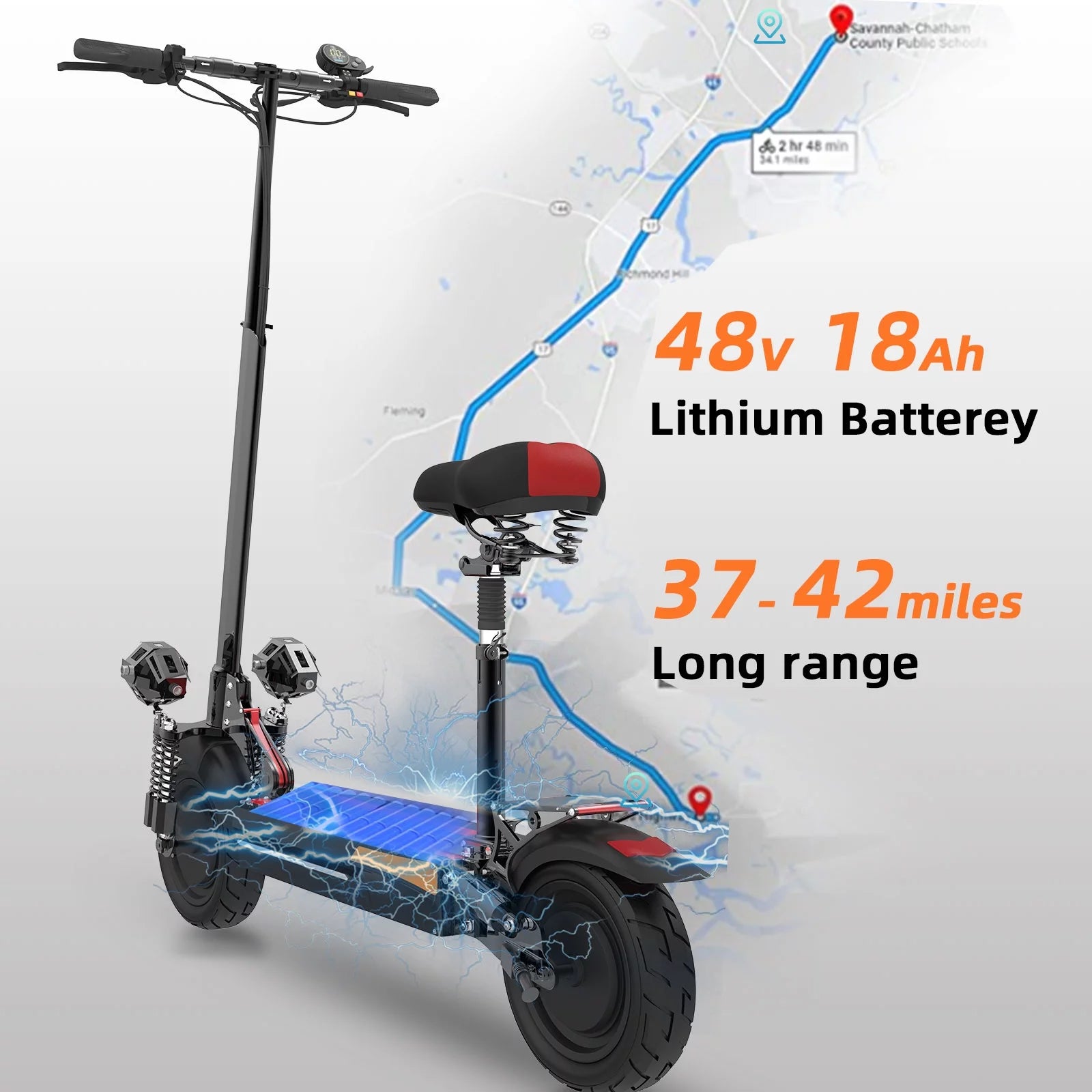 2400W Adults Electric Scooter with Removable Seat, 10&quot; Pneumatic Tires, 3 Speeds 40 MPH Max, 40 Miles Range Folding Electric Scooter 350Lbs Weight Limit Black