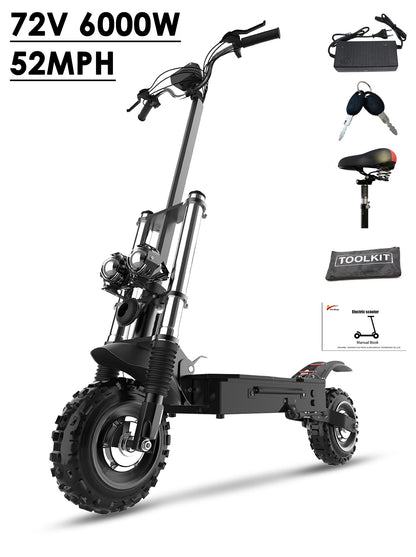 Electric Scooter Adults 52MPH Fast Speed, 72V 6000W Dual Motors, 11&quot; Tubeless off Road Fat Tires, Oil Dual Suspension with Seat, All Terrain E Scooter for Adults