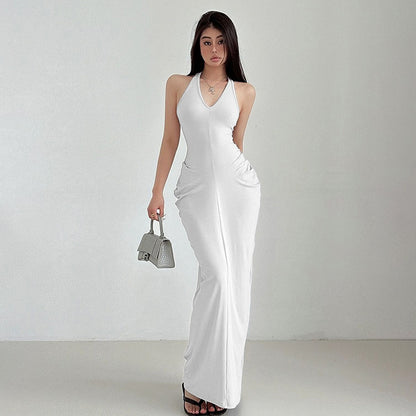 European And American Fashion Sexy Hot Girl Solid Color V-neck Sleeveless Long Dress