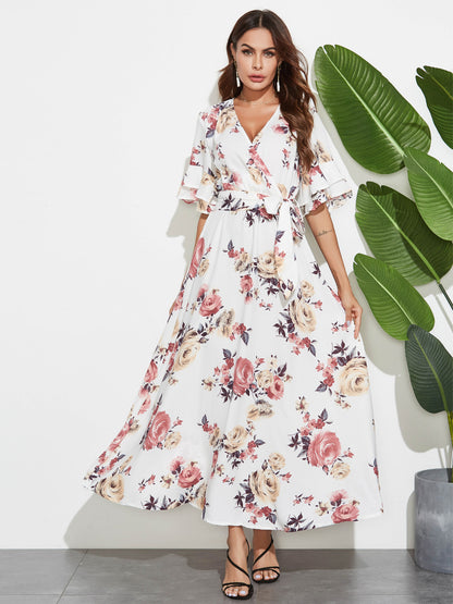 Printed V-neck Large Swing Dress