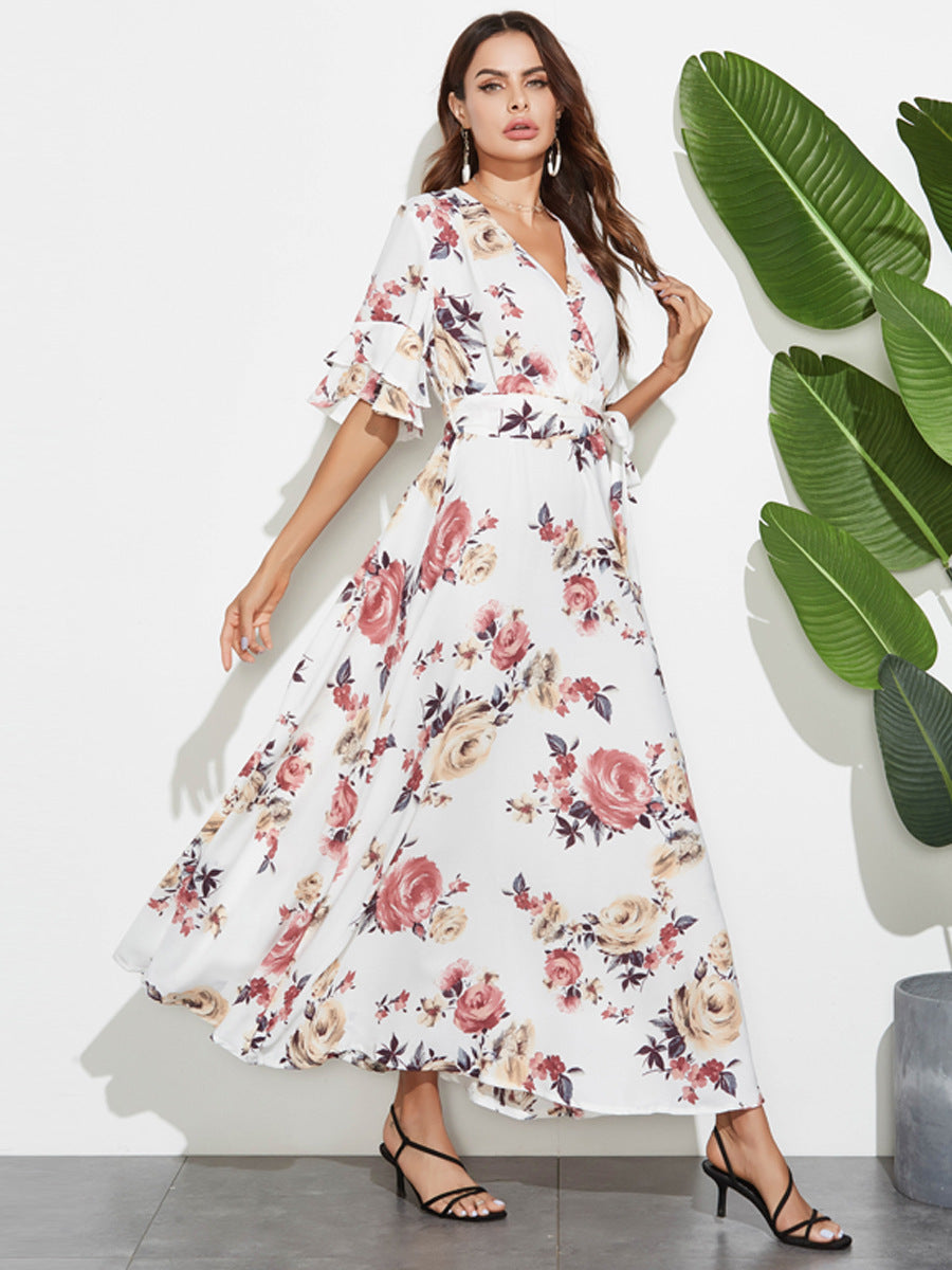 Printed V-neck Large Swing Dress