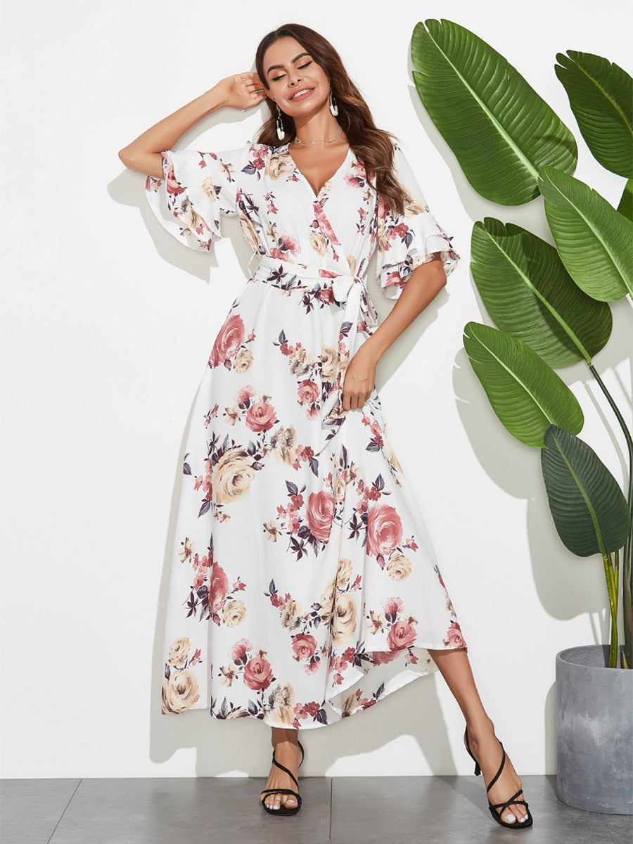 Printed V-neck Large Swing Dress