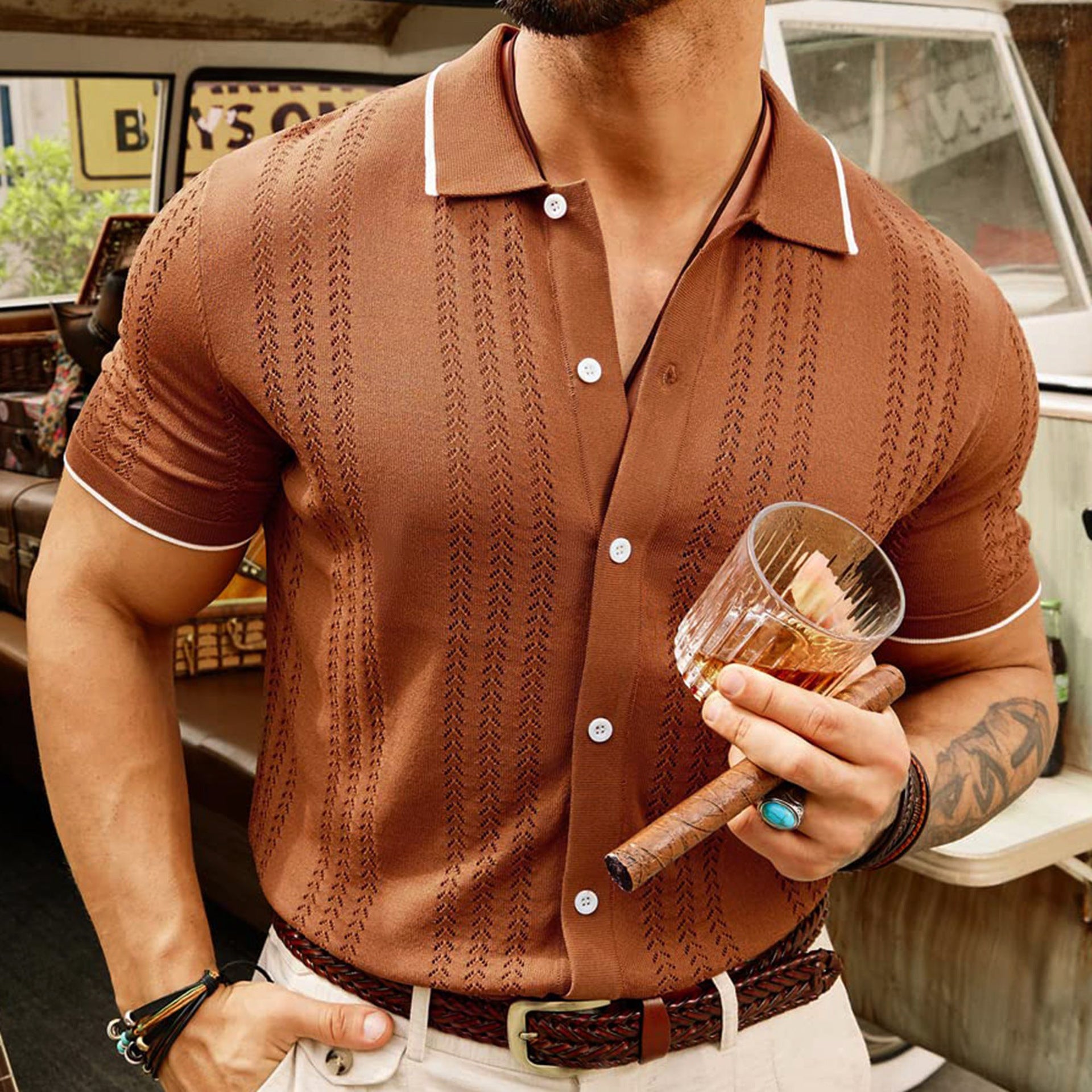 Short-sleeved Polo Shirt Summer Button Lapel Top Fashion Business Men&