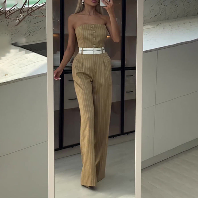 Summer Tube Top High Waist Jumpsuit Off Shoulder Striped Wide-leg Pants Women