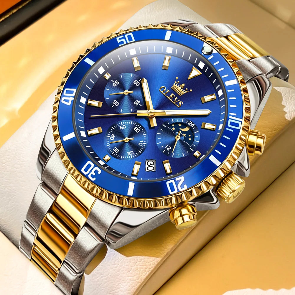 OLEVS Luxury Golden Watch for Men Fashion Waterproof Male Wristwatch Original Top Brand Moon Phase Quartz Men&