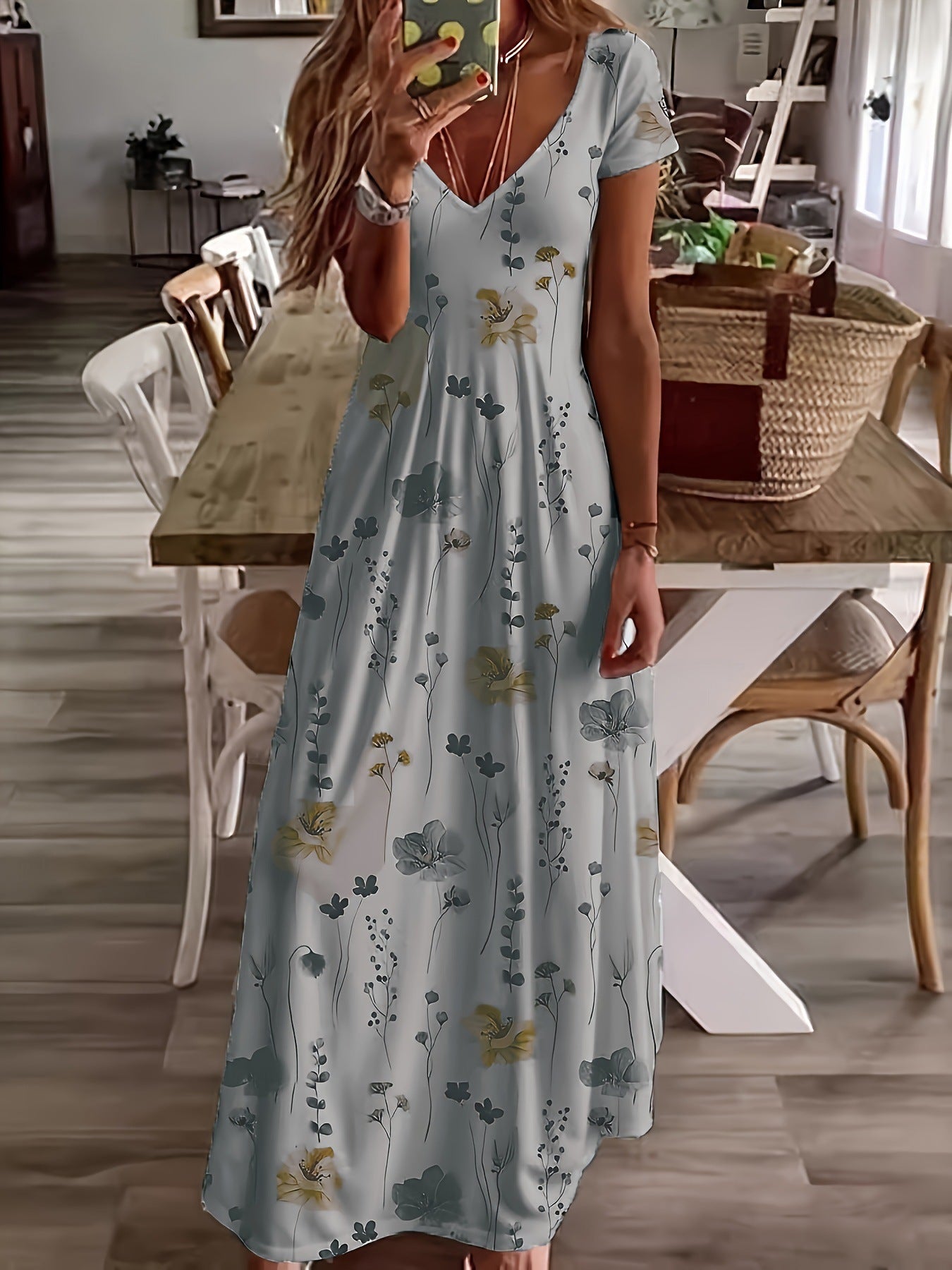 Casual Loose V-neck Printed Long Dress