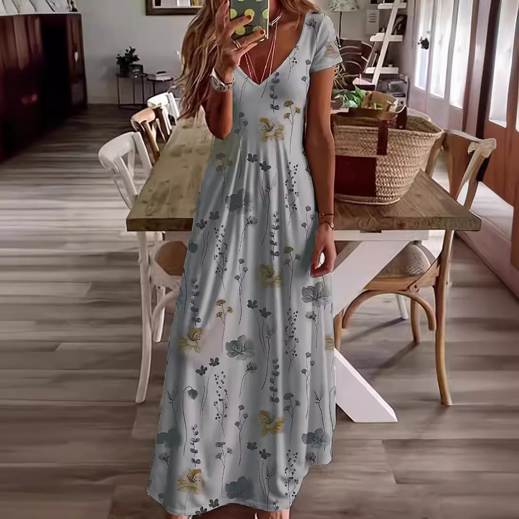 Casual Loose V-neck Printed Long Dress