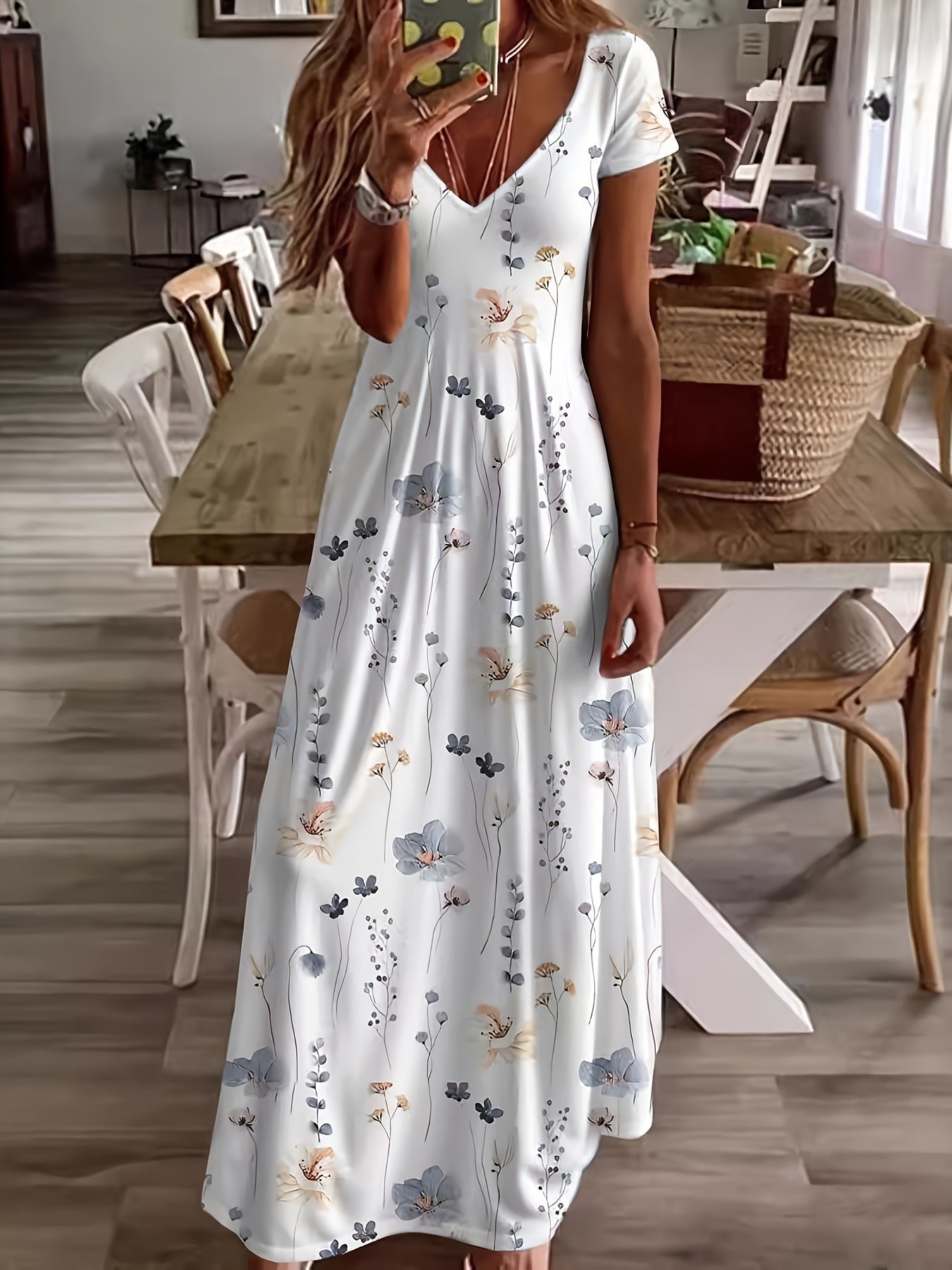 Casual Loose V-neck Printed Long Dress