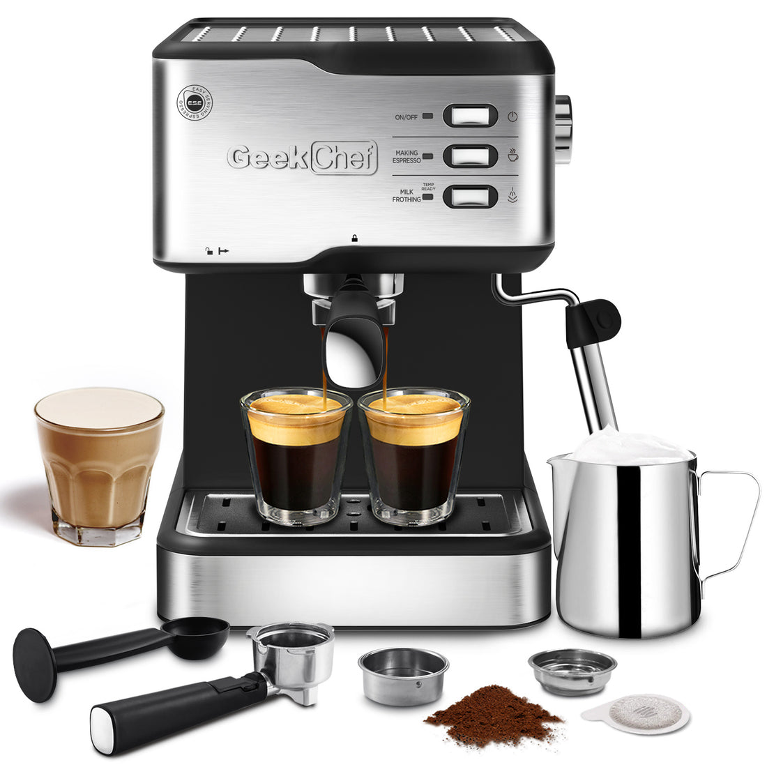 Geek Chef Espresso Machine, Espresso&amp;Cappuccino Latte Maker 20 Bar Coffee Machine Compatible With ESE POD Capsules Filter&amp;Milk Frother Steam Wand, 950W, 1.5L Water Tank,Ban On Amazon