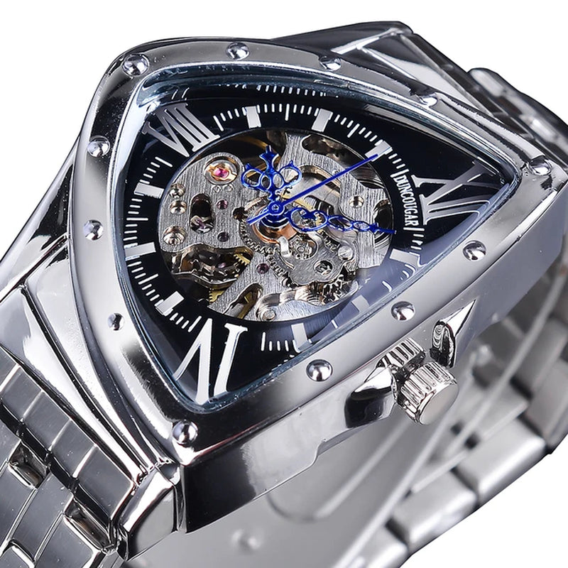 DUNCOUGAR Triangle Skeleton Black Automatic Watch Stainless Steel Men Business Sport Irregular Mechanical Wristwatch