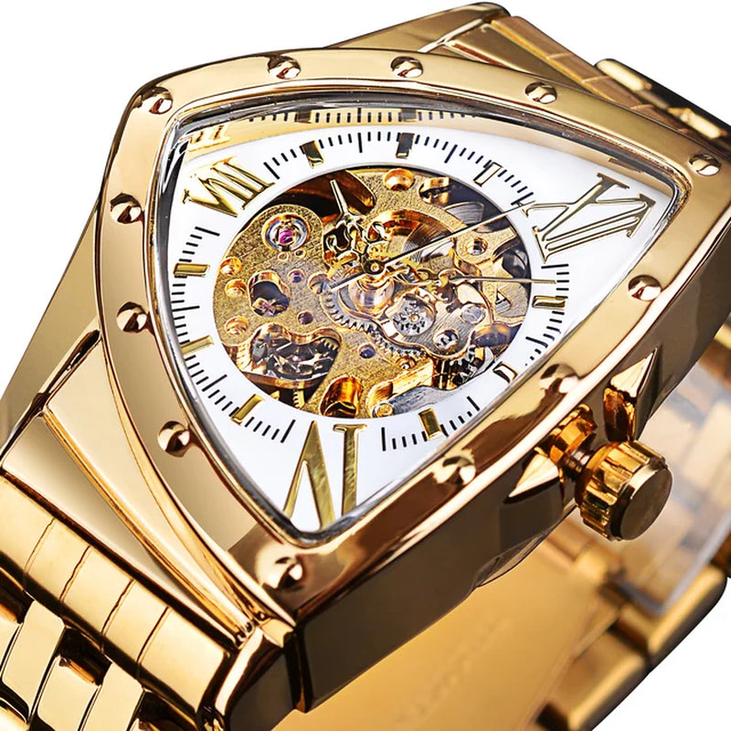 DUNCOUGAR Triangle Skeleton Black Automatic Watch Stainless Steel Men Business Sport Irregular Mechanical Wristwatch